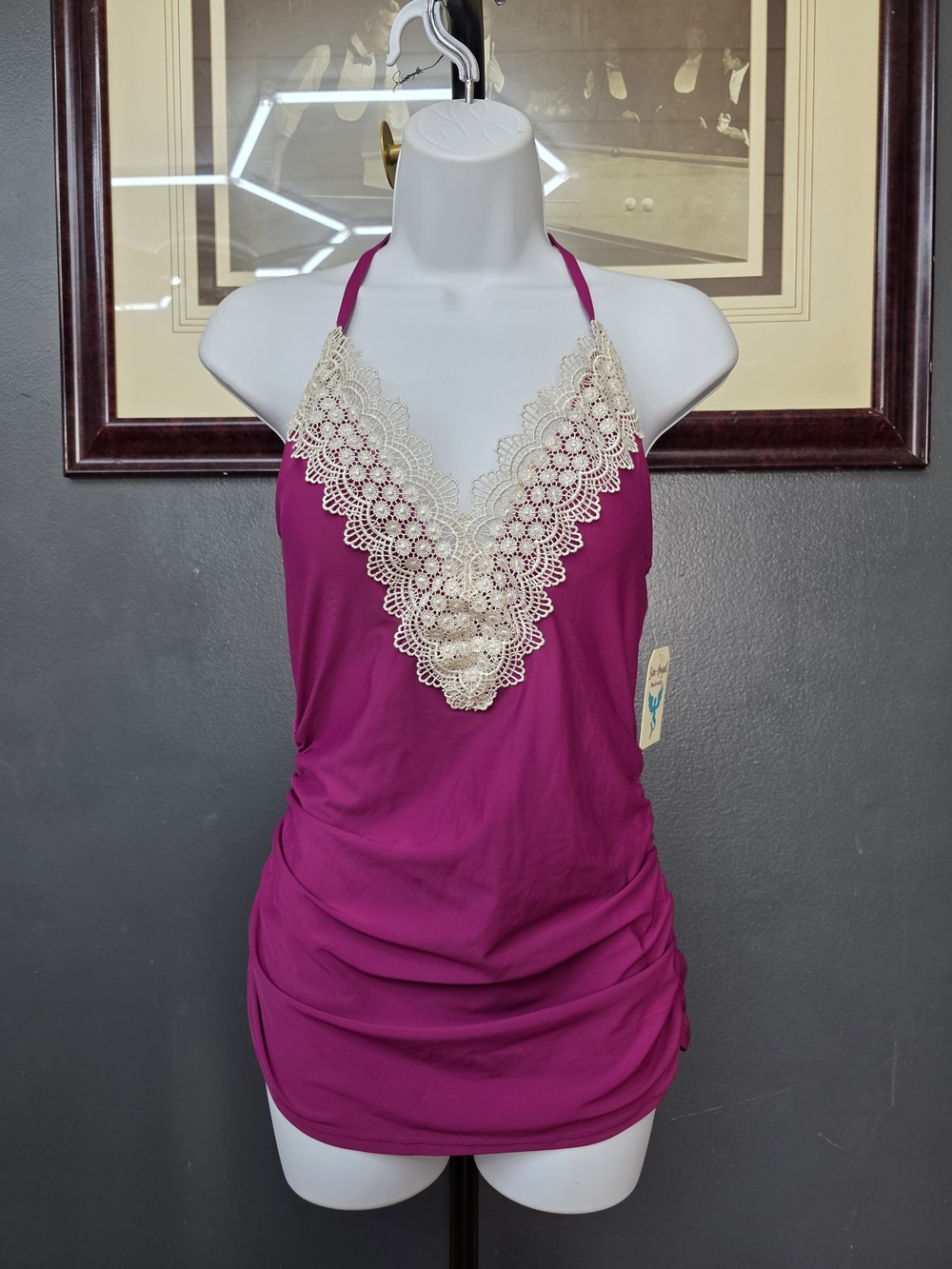 Magenta Lace-Trim Halter Swim Tankini Maternity